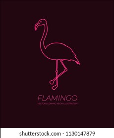 Vector Shining Pink Flamingo, Neon Sign with Text Sample, Lights on Dark Background.