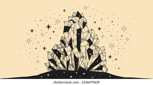 Vector shining precious magic crystal decorated with magician faceted stars light. Illustration Mystical esoteric symbol. Gothic pattern design print card, T-shirt. Brown on light yellow background