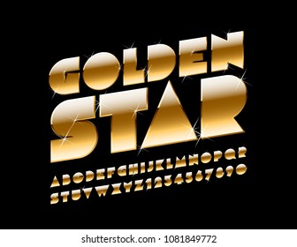 Vector shining sign Golden Star with Font. Luxury majestic Alphabet Letters, Numbers and Symbols