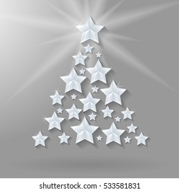 Vector shining stars on a gray gradient background stylized Christmas tree