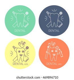 Vector shining teeth with toothbrush and toothpaste. Oral hygiene and teeth care labels set. Dental care for kids. Symbol, sign, icon, logo.