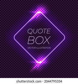 Vector Shining Ultraviolet Frame Template on Transparent Dark Background, Glare Square Border, Rhombus Border.