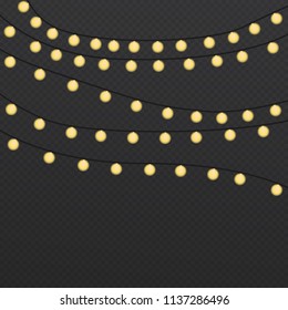 Vector shining yellow bright Christmas lights on black squared background