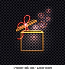 Vector Shining Yellow Neon Box with Red Bow and Hearts, Gift Box Icon Isolated on Dark Transparent Background.