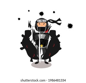 El vector de un shinobi mata el virus con su filoso cuchillo de katana. aptos para productos médicos o sanitarios, etc.