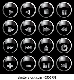 Vector - Brillantes botones metálicos negros 3d con símbolos musicales.