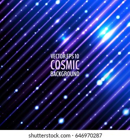 Vector shiny abstract background with diagonal stripes and shiny particles. Bright blue cosmic backdrop. Abstract background with shine blue lines and particles.