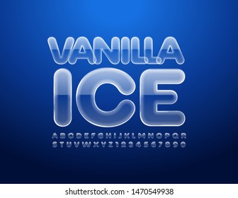 Vetor brilhante banner Vanilla Ice com fonte de vidro maiúsculo. Letras e Números Alfabéticos Transparentes