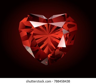 Vector shiny beautiful red faceted garnet in the shape of heart on dark background