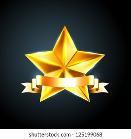 Vector shiny beveled golden star with golden ribbon