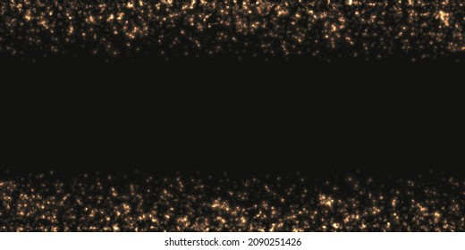 Vector shiny black festive background with a golden glitter, sparkles and copy space. Brilliance premium bright decorative frame for celebratory design of greeting card, web banner or invitation