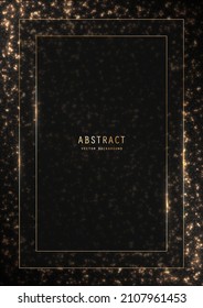 Vector shiny black festive background with a golden glitter, sparkles, outline frame and copy space. Premium brilliance decorative celebratory design template of invitation, brochure, notebook or card