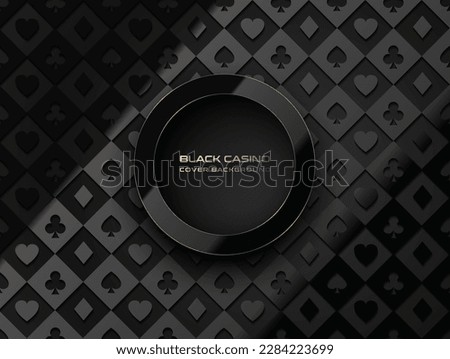 Vector shiny black ring frame, golden line moulding. Black casino glossy pattern 3d poker table texture, volume card symbols. Round border, logo header. Realistic glass frame reflection, gold edge