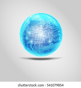 Vector shiny blue ball isolated. Digital electronic circuit board combined with glossy ball