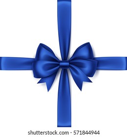 Vector Shiny Blue Satin Bow and Ribbon Top View Close up Isolated on White Background