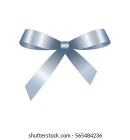 Vector Shiny Blue Satin Gift Bow Close up Isolated on White Background.