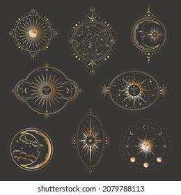 Vector shiny celestial stickers set with golden suns with sleeping faces, moon phases, crescents and stars. Sketches tattoo in boho style on a black background. Mystic linear labels collection