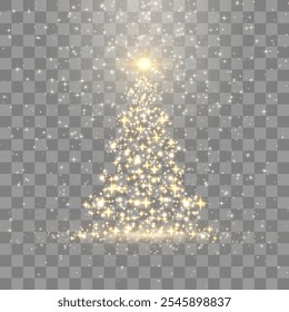 Vector shiny Christmas tree. Glittering lights in the form of a Christmas tree with bright shining and glowing particles. Golden glowing spruce in a luxurious design. Vector on png background