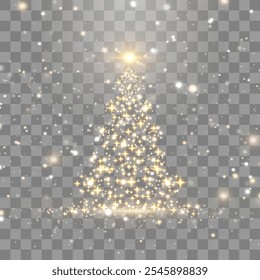 Vector shiny Christmas tree. Glittering lights in the form of a Christmas tree with bright shining and glowing particles. Golden glowing spruce in a luxurious design. Vector on png background