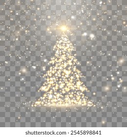 Vetor árvore de Natal brilhante. Luzes brilhantes na forma de uma árvore de Natal com partículas brilhantes e brilhantes. Espru brilhante dourado em um design luxuoso. Vetor no plano de fundo do png