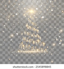 Vector shiny Christmas tree. Glittering lights in the form of a Christmas tree with bright shining and glowing particles. Golden glowing spruce in a luxurious design. Vector on png background