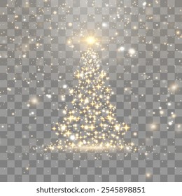 Vector shiny Christmas tree. Glittering lights in the form of a Christmas tree with bright shining and glowing particles. Golden glowing spruce in a luxurious design. Vector on png background