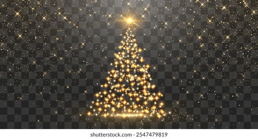 Vector shiny Christmas tree. Glittering lights in the form of a Christmas tree with bright shining and glowing particles. Dusty light