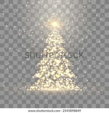 Vector shiny Christmas tree. Glittering lights in the form of a Christmas tree with bright shining and glowing particles. Golden glowing spruce in a luxurious design. Vector on png background
