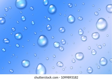 Vector shiny clear water drops on glass with blue background