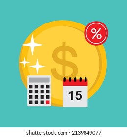 vector de monedas brillantes, calendario de recordatorios, porcentaje y calculadora. puede utilizarse para fines de conmemoración del día fiscal y para el negocio económico de la empresa