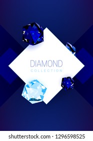 Vector shiny crystal diamonds template with brand name on dark background, jewelry geometric label, gem luxury pattern. Elegant rich symbol design for social media, shop, web, banner, promotion, ad