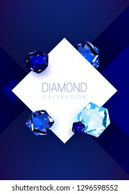 Vector shiny crystal diamonds template with brand name on dark background, jewelry geometric label, gem luxury pattern. Elegant rich symbol design for social media, shop, web, banner, promotion, ad