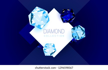Vector shiny crystal diamonds template with brand name on dark background, jewelry geometric label, gem luxury pattern. Elegant rich symbol design for social media, shop, web, banner, promotion, ad