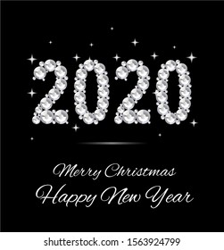 Vector Shiny Diamond Brilliant gemstone glitter Rhinestone Happy New Year 2020 logo number, Merry Christmas, silver stars, 