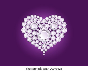 Corazón de diamante brillante vectorial sobre fondo morado