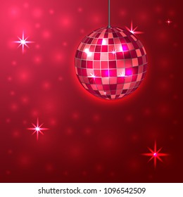 Vector shiny disco ball illustration on a red background. Disco background. Vector illustration.