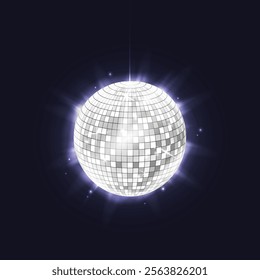 Vector shiny disco ball for night club. Party shining sphere for entertainment and celebration. Nightclub dj equipment with reflection. 90s or 80s globe for discotheque. Clubbing and nightlife holiday