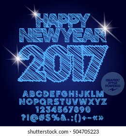 Tarjeta de felicitación Feliz Año Nuevo 2017 dibujada con un conjunto de letras, símbolos y números. El archivo contiene estilos gráficos