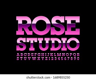 Vector shiny emblem Rose Studio with pink metal Font. Modern elegant Alphabet Letters and Numbers