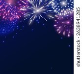 Vector shiny fireworks explosions. Pink, white and blue firecrackers. Holiday decoration for 4th of July, Christmas and New year party. Festive background for birthday invitations, wedding, diwali.