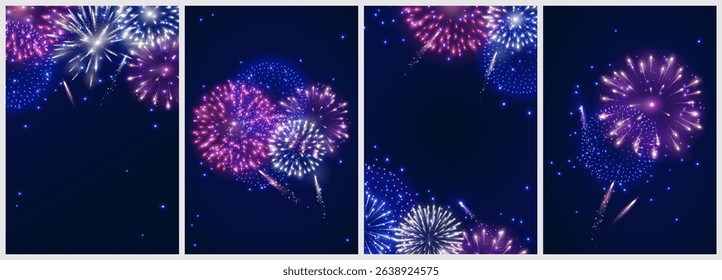 Vector shiny fireworks explosions. Pink, white and blue firecrackers. Holiday decoration for 4th of July, Christmas and New year party. Festive background for birthday invitations, wedding, diwali.