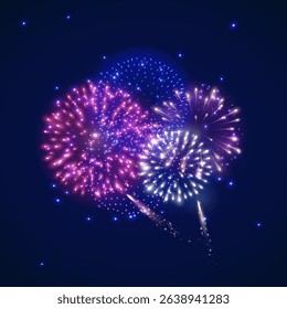 Vector shiny fireworks explosions. Pink, white and blue firecrackers. Holiday decoration for 4th of July, Christmas and New year party. Festive background for birthday invitations, wedding, diwali.