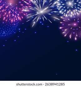 Vector shiny fireworks explosions. Pink, white and blue firecrackers. Holiday decoration for 4th of July, Christmas and New year party. Festive background for birthday invitations, wedding, diwali.