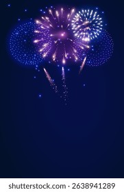 Vector shiny fireworks explosions. Pink, white and blue firecrackers. Holiday decoration for 4th of July, Christmas and New year party. Festive background for birthday invitations, wedding, diwali.