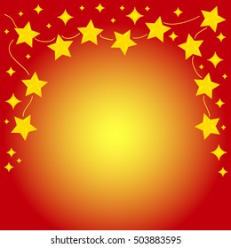 Vector shiny garland with golden sparkles & hand-drawn stars on bright red background. Christmas and New Year festive design elements. Stars garland background. Vector red background with shiny stars