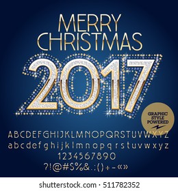 Vector shiny glitter Merry Christmas 2017 greeting card with set of letters, symbols and numbers. File contains graphic styles