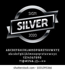 Vector shiny glossy Silver Emblem with ribbon. Set of Chrome Alphabet Letters, Numbers and punctuation Symbols