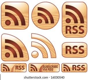 Vector Shiny Glossy Wooden RSS Set of 9 Icons & Buttons