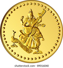 vector shiny gold coin with the image of dancing and playing a musical instrument of Indian four-armed Shiva