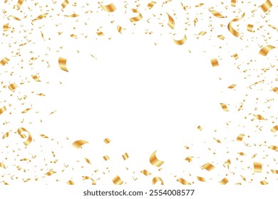 Vector Shiny Gold Confetti Falling on White Background for birthday, anniversary, festivities, posters, greeting cards